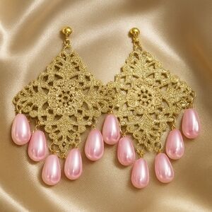 Gold Filigree Beaded Drop Earrings | Diamond-Shaped Dangle w/ Pink Teardrops #1